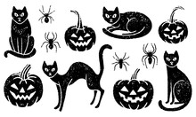 Grunge Halloween Set Of Black Cats, Carved Pumpkins, And Spiders