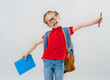 Kid with backpack on white background.