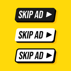 Set of rounded rectangle skip ad button. Vector flat illustrations. Stop advertisement.