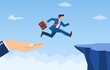 © Rogatnev - hand helping businessman jump through the gap in the rocks. an employee with a running jump from one cliff to another. the concept of business risk and success.Vector illustration in flat style.