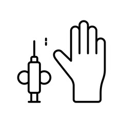 Wall Mural - Set for human microchipping. Line art icon of syringe, hand, body chip implant. Black simple illustration of identification. Contour isolated vector emblem on white background