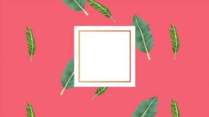 Poster - tropical exotics leafs ecology animation in square frame pink color background