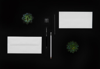 Business modern concept mockup on isolated background with envelope, plant, pen, pencil, pencil sharpner and copy-space from up high view.