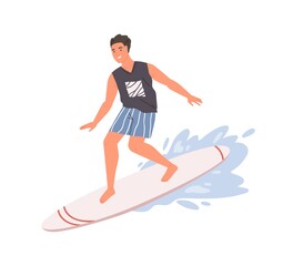 Wall Mural - Smiling guy standing on surfboard ride at wave vector flat illustration. Happy relaxed male enjoying active lifestyle and seasonal extreme sport isolated on white. Man surfer at sea or ocean water