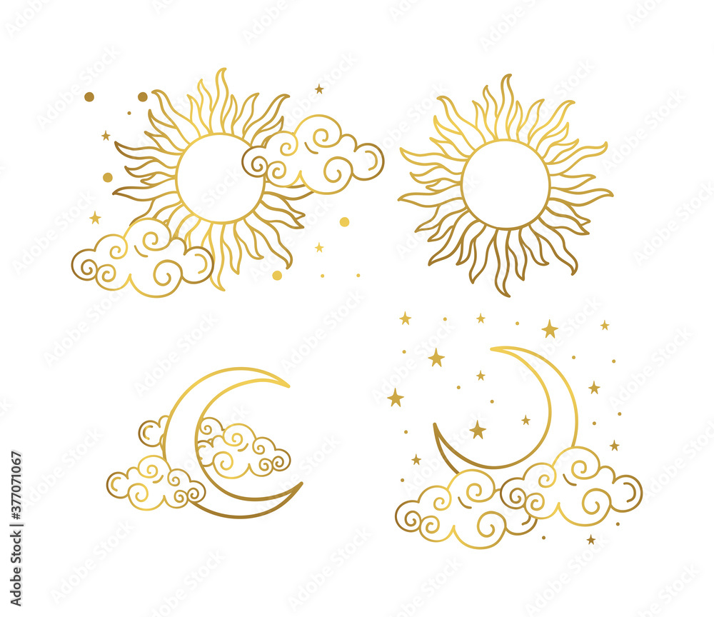 Mystical golden boho tattoos with sun, crescent, stars and clouds. Linear design, hand-drawing. Set of elements for astrology, mysticism and fortune telling. Vector illustration on a white background. - obrazy, fototapety, plakaty 