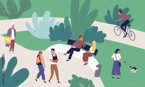 Cuadros en Lienzo Relaxed tiny people enjoying summer outdoor recreational activity vector flat illustration