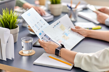 Wall Mural - business, people and technology concept - close up of ui designer with mockups working on mobile app