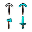 Pixel arsenal templates for printing. The concept of games weapon. Pixel ax, pickaxe, sword, bow. Vector illustration EPS 10