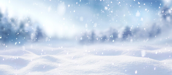 Wall Mural - beautiful winter background of snow and blurred forest in background, gently falling snow flakes aga