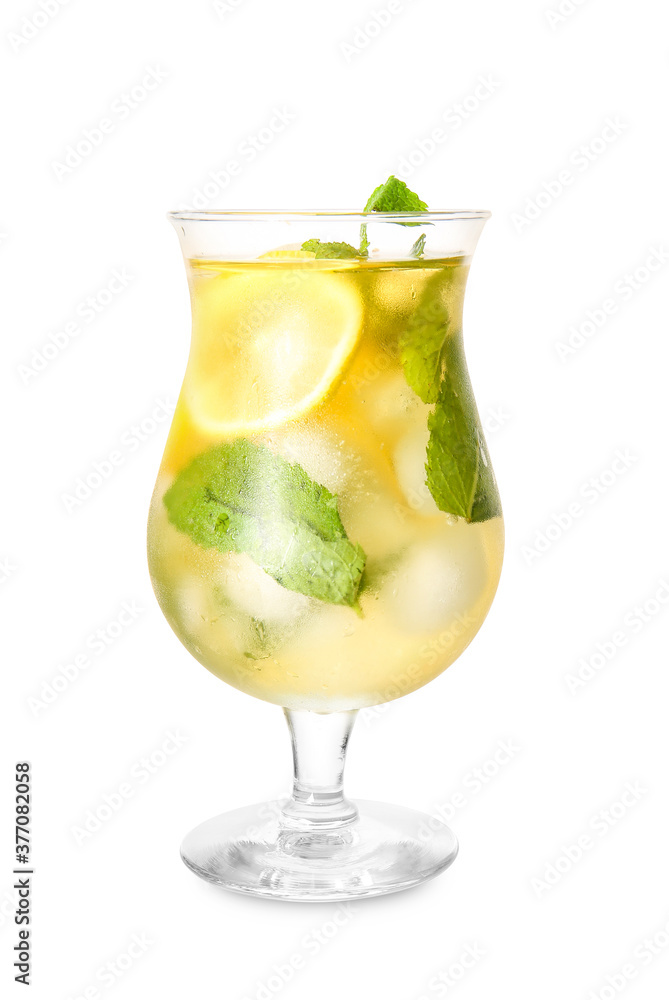 Glass of tasty cold ice tea on white background