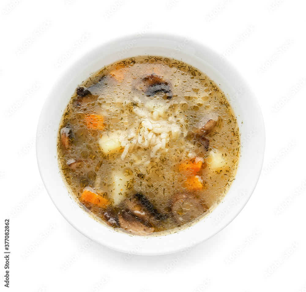Bowl of tasty rice soup on white background