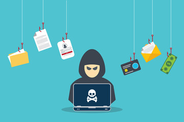 hacker with laptop computer stealing confidential data, personal information and credit card detail.