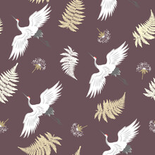 Seamless Vector Illustration With Birds Cranes And Fern Leaves