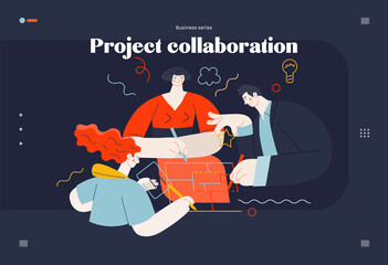 Wall Mural - Business topics - project collaboration, web template. Flat style modern outlined vector concept illustration. A group of people working on the project drawing it together. Business metaphor.