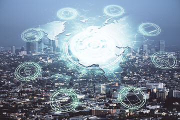 double exposure of social network theme drawing and cityscape background. concept of people connecto