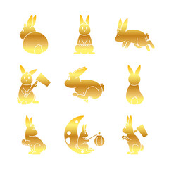 Poster - cute rabbits and Mid autumn icon set, gradient style