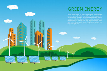 Wall Mural - Landscape with skyscrapers, solar panels and wind turbines for generating electricity. Renewable, clean, green energy concept banner design. Flat style vector illustration. Place for your text