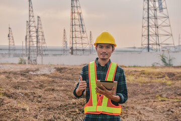 Asian Engineer using tablet working on site construction