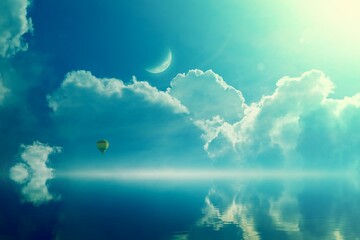 Wall Mural - Amazing heavenly image - crescent and hot air balloon rising above serene sea, light from heaven.