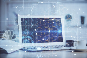 multi exposure of desktop computer and technology theme hologram. concept of software development.