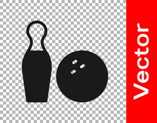 Poster - Black Bowling pin and ball icon isolated on transparent background. Sport equipment. Vector.