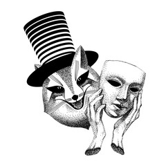 Hypocrite, trickster. Joker is an evil trickster. Sly fox hides behind a mask. Man magician with cylinder hat. anthropomorphic animal, mischievous.