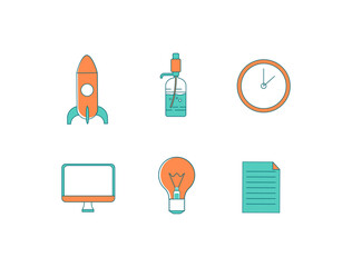 Wall Mural - Office flat color vector object set. Rocket for startup launch. Water dispenser. Computer monitor. Company items isolated cartoon illustration for web graphic design and animation collection