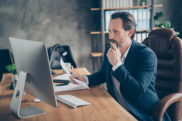 Sticker - Profile side view portrait of his he nice handsome busy man executive specialist online appointment report project start-up finance result sales at modern concrete industrial work place station