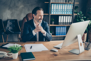 Poster - Portrait of his he nice attractive handsome cheerful man ceo boss chief employer meeting online interview hiring candidate vacancy at modern concrete industrial work place station