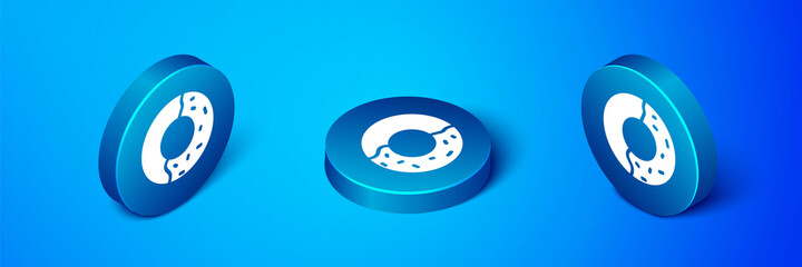 Poster - Isometric Donut with sweet glaze icon isolated on blue background. Blue circle button. Vector Illustration.