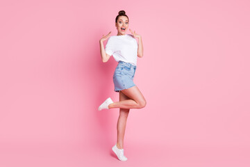 Wall Mural - Full size photo of cheerful astonished girl impressed news information wear white good look mood outfit isolated over pastel color background