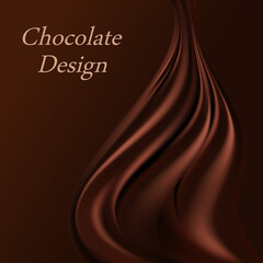 Chocolate wavy background with silk drape swirl. Smooth satin fabric texture, dark brown color flow, liquid chocolate splash. Abstract design for poster or banner, vector illustration