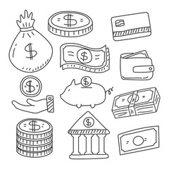 Canvas Print - Set of money doodle hand drawn vector illustration such as coin, bag of money and more isolated on white background 