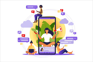 Woman with megaphone on screen mobile phone and young people surrounding her. Vector illustration in flat with characters - influence blogger promotion services and goods for his followers online.