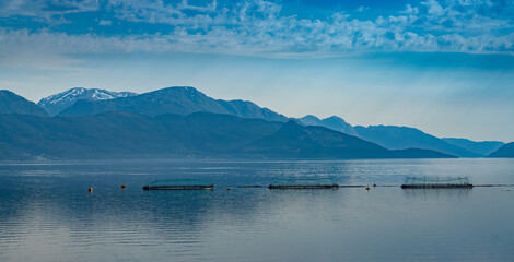 Wall Mural - World renowned salmon fish farms on the pristine waters and breathtaking landscapes along the Hardanger Fjord, Western Norway