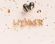 Winner sign letters with golden confetti. Banner word winner design pink background. 3d rendering