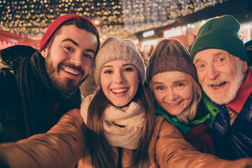 Sticker - Closeup photo of full family four members x-mas gathering meeting take selfie portrait cheerful smile wear outerwear hat scarf coat two generation night street illumination outdoors outside