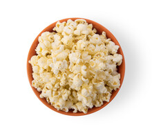 Popcorn In  Orange Bowl Isolated On White Background