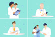 © coffee-hop - A set of pictures with experienced professional doctors. Team of elderly chief physician, paramedics and doctors on a blue-green background. Medical staff concept.