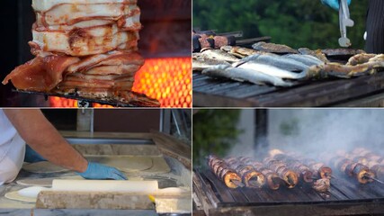 Wall Mural - Split screen. Turkish cuisine. The process of preparing various food in a Turkish resort. Buffet restaurant.