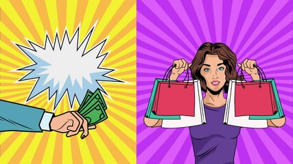 Sticker - beautiful woman with shopping bags and hand with bills dollars pop art style