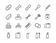 © Mariia Lov - Personal hygiene products flat line icon set. Sanitary pads, soap, washcloth, cotton pads, toothbrush, napkin, razor Editable strokes