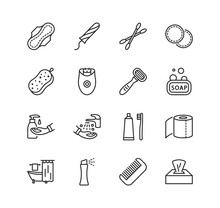 Personal Hygiene Products Flat Line Icon Set. Editable Strokes.