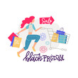© LanaSham - Woman shopper with shopping cart and paper bags. Modern female character with trolley full of gifts and presents in supermarket or mall. Lettering with flat vector isolated cartoon illustration.