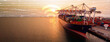 © Yellow Boat - Container ship in the international terminal yard port at sunrise , Cargo ship with wifi and line connection telecommunication technology logistic concept , webinar banner forward mast