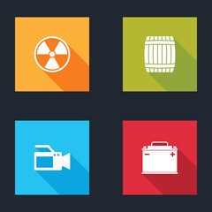 Sticker - Set Radioactive, Wooden barrel, Cinema camera and Car battery icon. Vector.