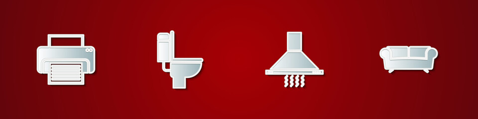 Sticker - Set Printer, Toilet bowl, Kitchen extractor fan and Sofa icon. Vector.