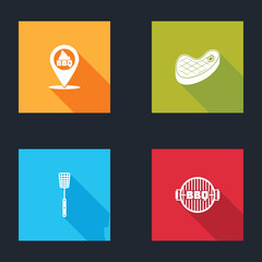 Poster - Set Location with barbecue, Steak meat, Barbecue spatula and grill icon. Vector.