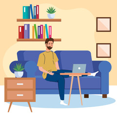 Wall Mural - home working, freelancer man with laptop on sofa, working from home in relaxed pace, convenient workplace vector illustration design