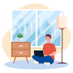 Sticker - home working, freelancer man sitting in floor, working from home in relaxed pace, convenient workplace vector illustration design